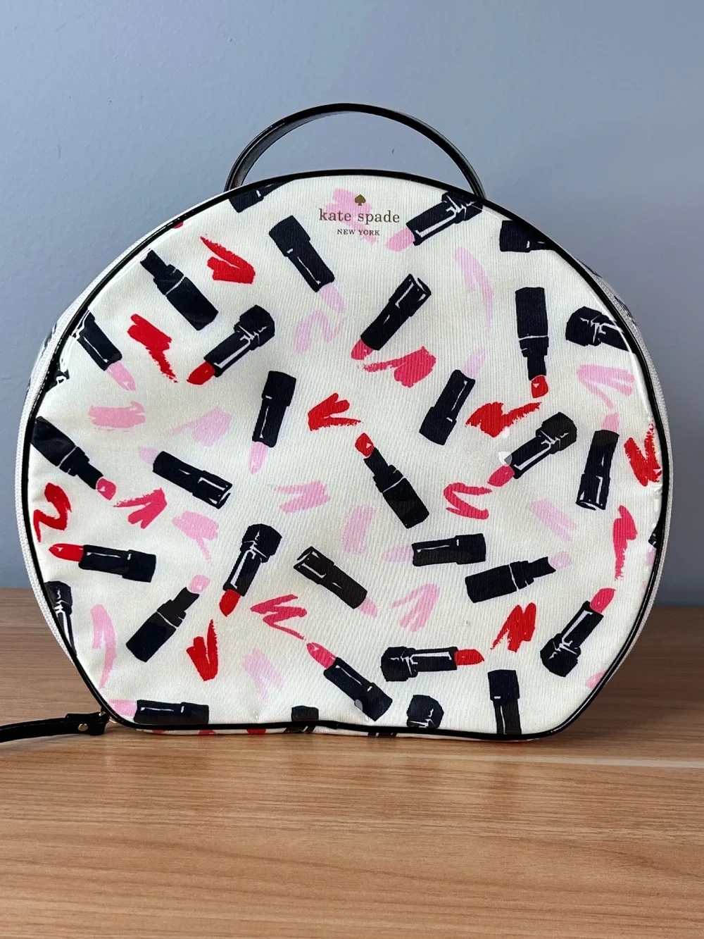 Kate Spade New York Bag Travel Case Lipstick Design Cosmetic Zip Ivory Pink Red
